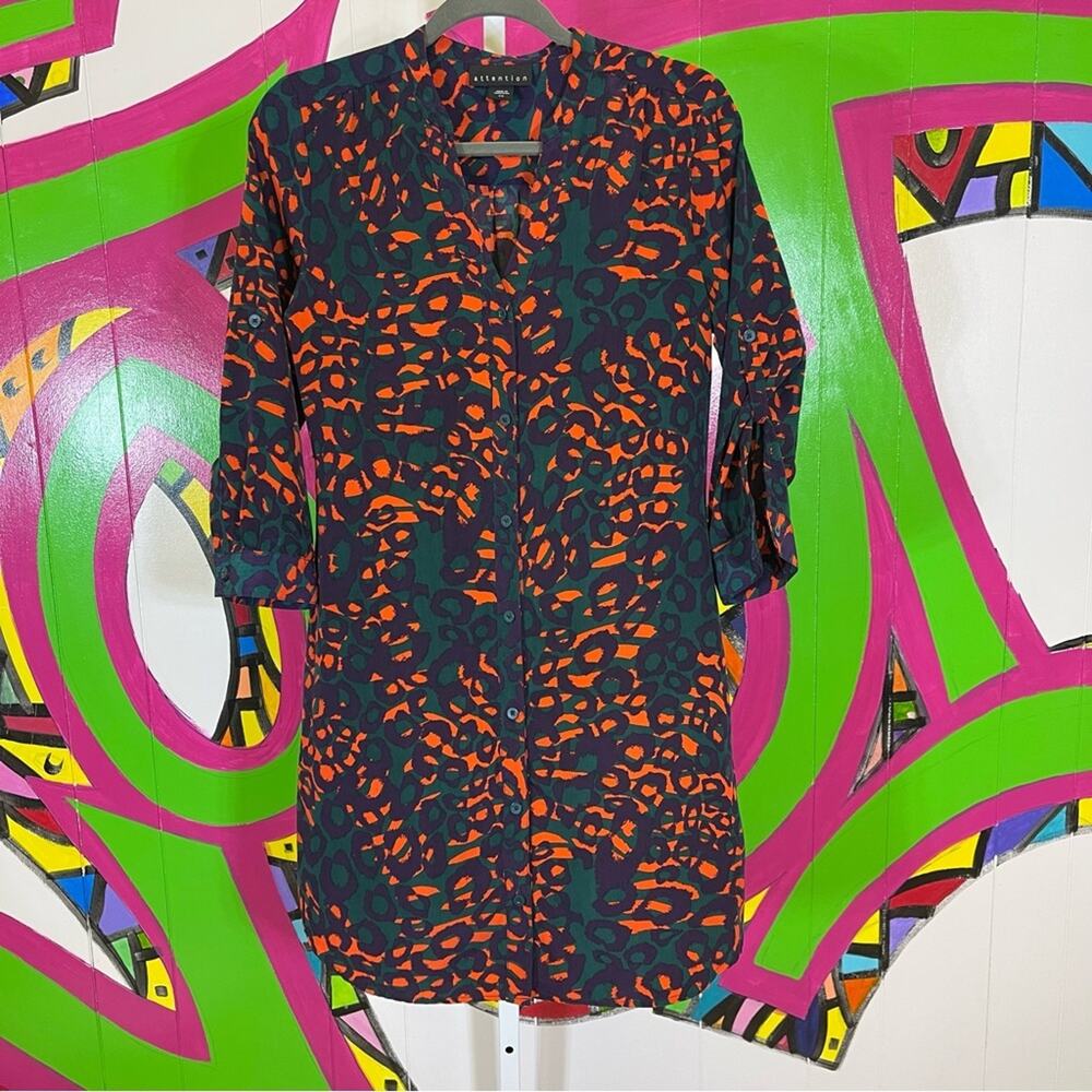 Attention, Fun Animal Print Shirt Dress, Long Sleeves. Size Small.